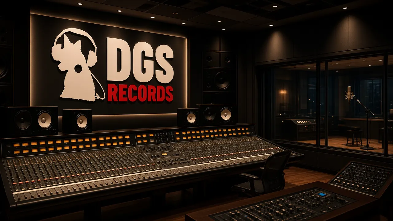 DGS Records control room with wall sign and mixing console